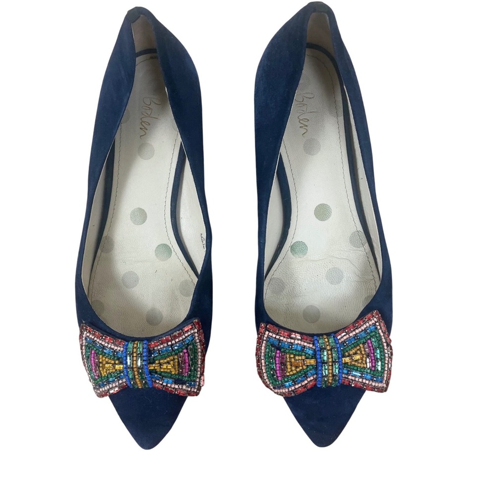 Boden Navy Blue Suede Pointed Toe Flats Beaded Bow Multicolor Size 39